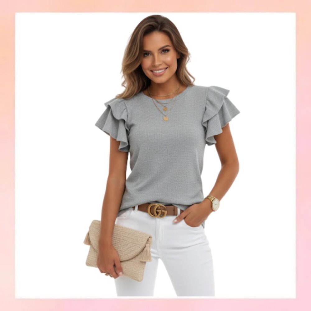 Chic Gray Ruffle Sleeve Top – Elegant & Casual
